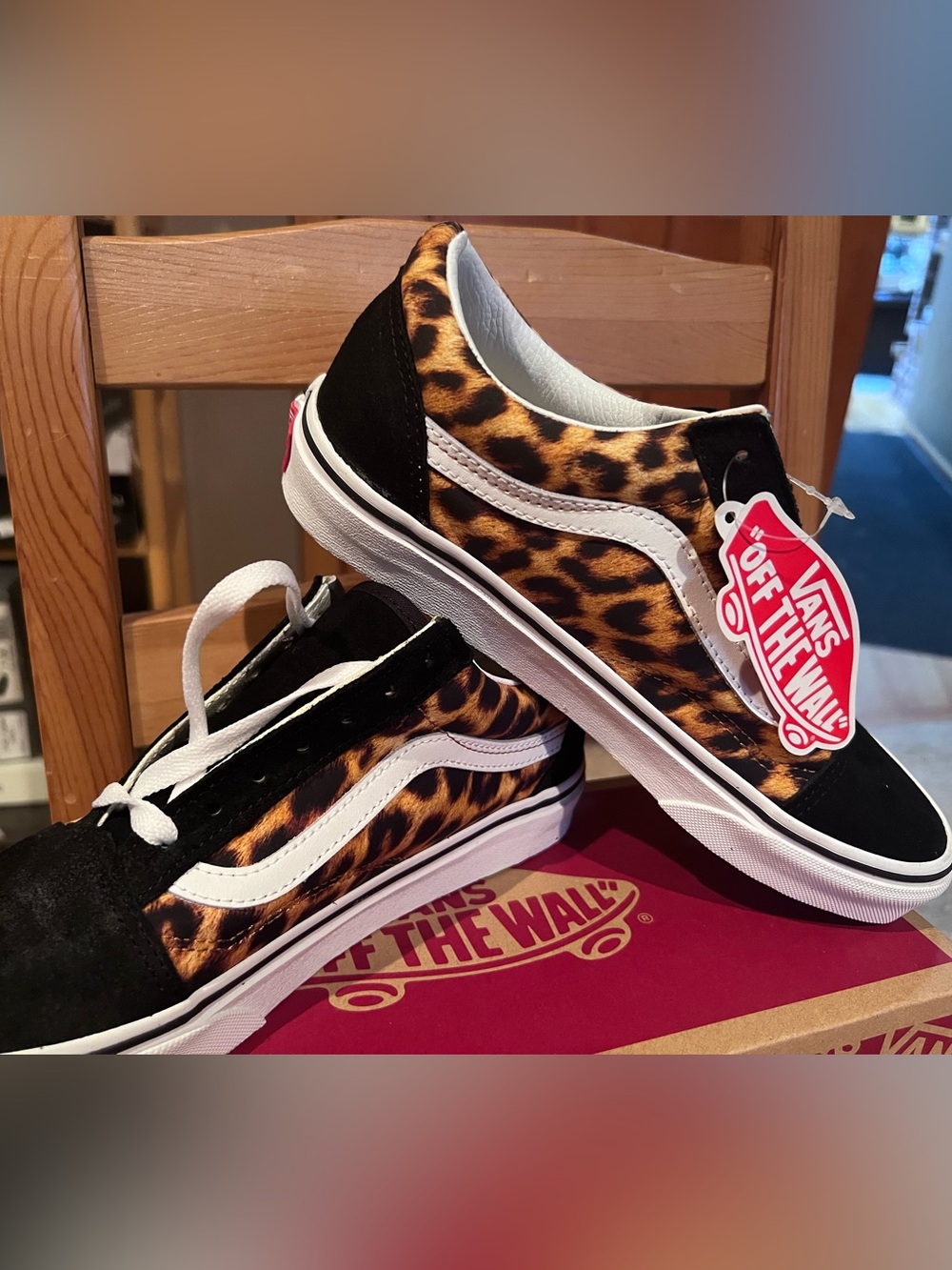 Vans Leopard Print Old Skool Sneakers - Black, Brown & White MENS 6, WOMENS 7.5